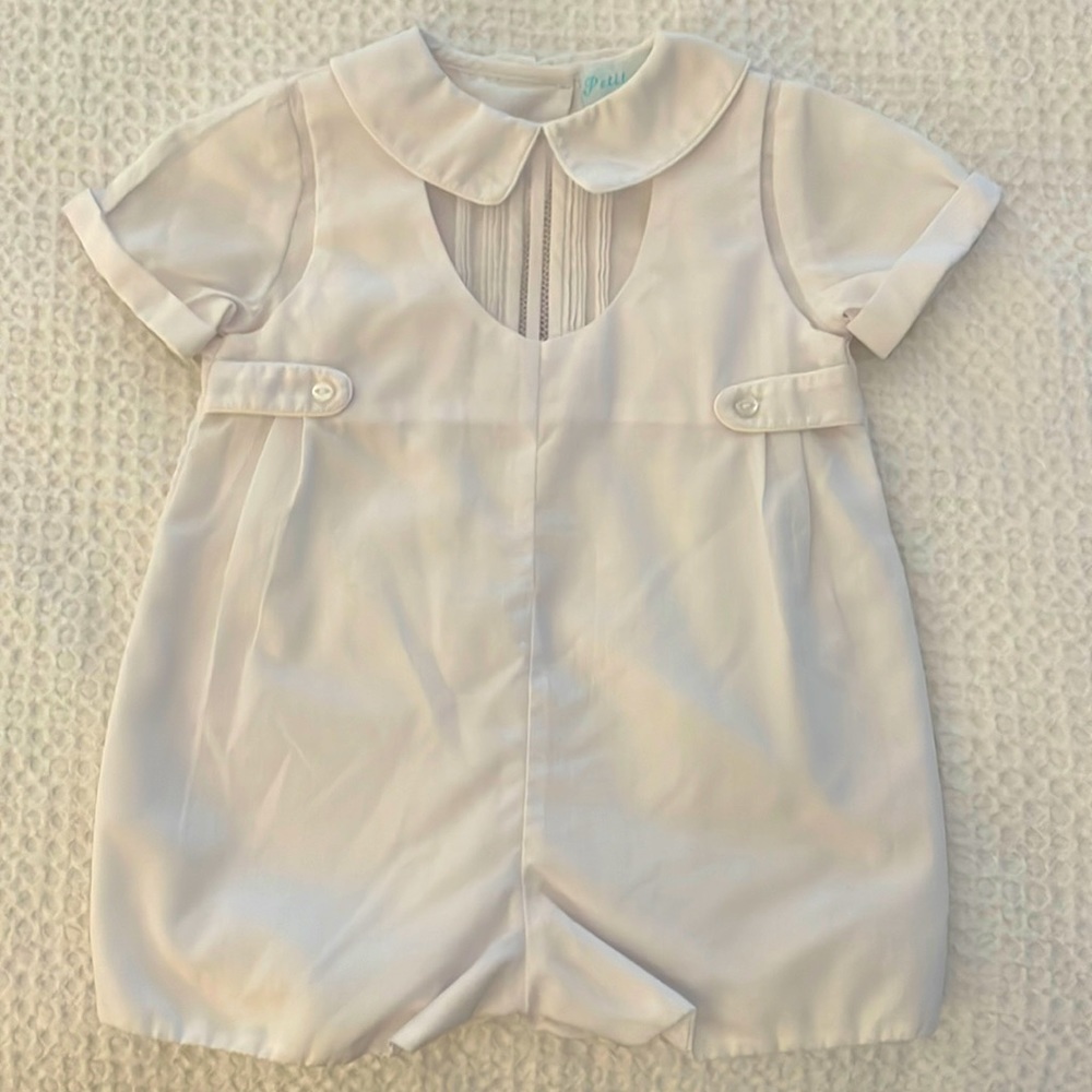 Petit Ami baby boy shortall; size 3 month; white with pin tucks and side tabs
